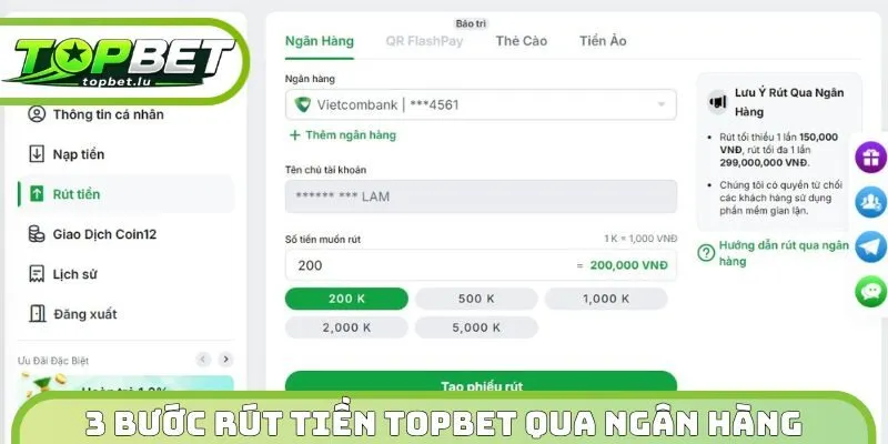 3 bước rút tiền Topbet qua ngân hàng