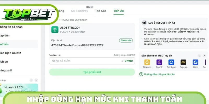Nhập đúng hạn mức khi thanh toán